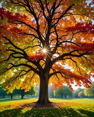 A large tree with vibrant red and yellow autumn leaves stands tall against a clear blue sky.