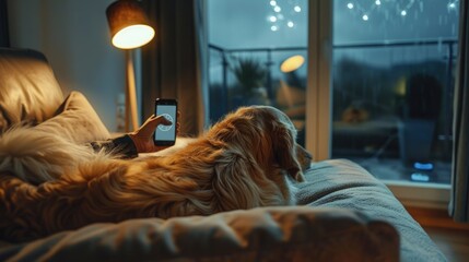 Pet Owner Using Calming App to Play Soothing Sounds for Dog During Thunderstorm