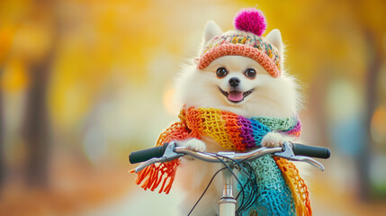 A white Pomeranian Spitz dressed in a knitted hat with a pompom and a multicolored scarf sits on a bicycle against the background of an autumn landscape