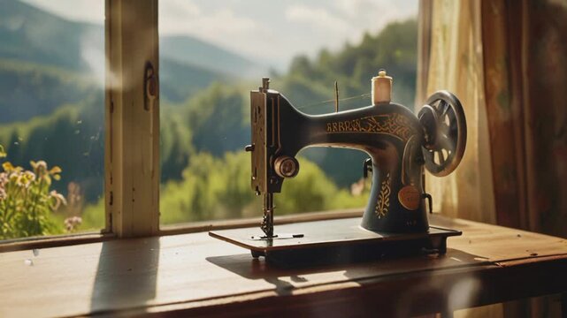 Old sewing machine with nature background, 4K seamless looping virtual video animation background