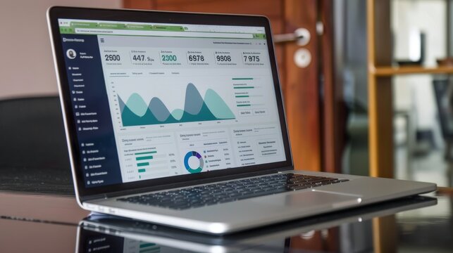 A laptop computer displaying a dashboard of business analytics and metrics.
