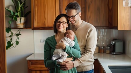 Loving Parents Cradling Newborn Baby in Warm, Cozy Kitchen  
