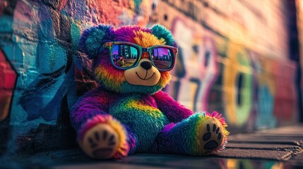 Fototapeta premium Joyful Rainbow Teddy Bear Poster: A Whimsical Touch for Urban Interiors, Featuring Colorful Glasses and Vibrant Street Art!