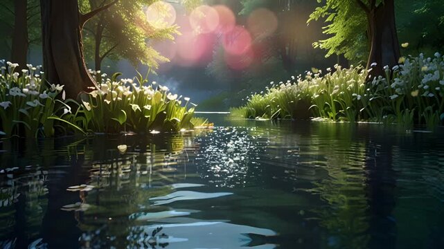 The quiet atmosphere of the river in the middle of a dense forest with lots of lilies. Seamless 4K looping timelapse video animation background