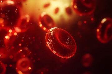 Highly detailed macro shot of red blood cells flowing through veins, rendered with deep red color and dynamic lighting effects, highlighting the essence of human blood circulation