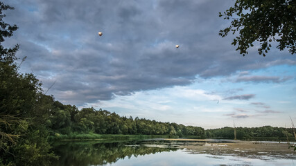 Calm scene at the edge of a lake, surrounded by trees.
Swans on the water. Cloudy sky with 2 hot air balloons