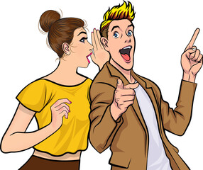 people whispering gossip or business secret to friend surprised In Retro Vintage Pop Art Comic Style