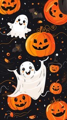 Cute Halloween emojis, smiling pumpkins, happy ghosts, bright orange and black background