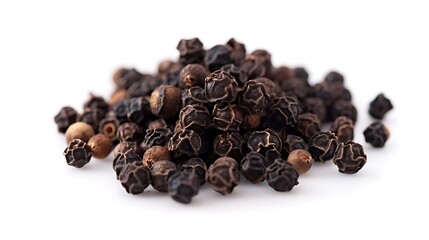 Obraz premium Black peppercorns on white background.