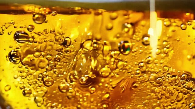 A glass of liquid with a yellowish tint is pouring out of it. The liquid appears to be a type of oil or syrup