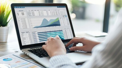 Businesswoman analyzing financial data on laptop screen.