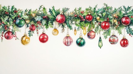 Watercolor Christmas Garland with Holly, Ornaments, and Lights on White Background