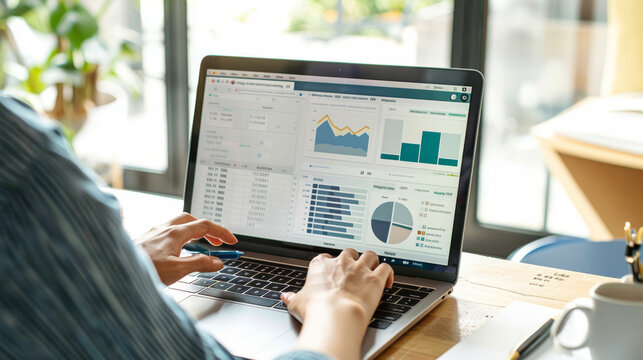 Businesswoman analyzing financial data on laptop screen.