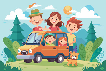Happy family rides in a car. Dad, mom, children and a dog went on a vacation trip. Vector illustration
