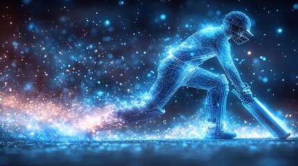 Digital blue low poly cricket player with glowing data streams AI in sports analytics, player performance tracking systems, match prediction algorithms, and training programs. wireframe player design