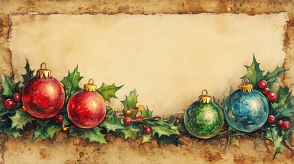 Vintage Christmas Garland with Ornaments and Lights on Beige Background