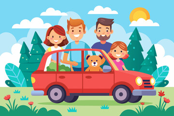 Happy family rides in a car. Dad, mom, children and a dog went on a vacation trip. Vector illustration
