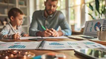 Father and son working together at home.