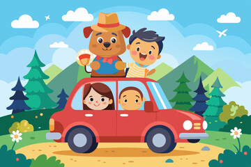 Happy family rides in a car. Dad, mom, children and a dog went on a vacation trip. Vector illustration
