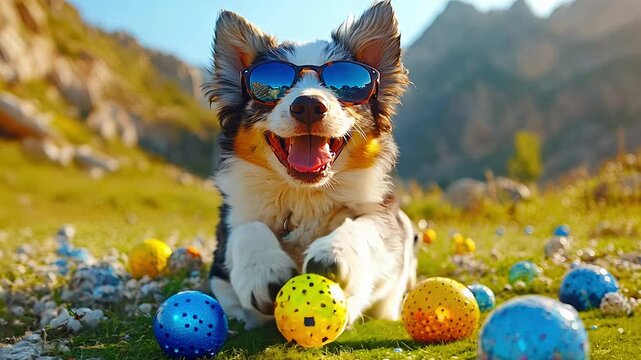 A dog is laying in a field with a bunch of balls, one of which is yellow. The dog is wearing sunglasses and he is enjoying the sunny day