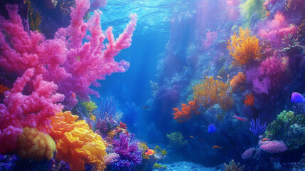 Colorful sea life surrounds vibrant coral formations. --ar 16:9 --v 6.1 Job ID: 5ba6e96c-332d-4411-a005-1db2af9b7d9b