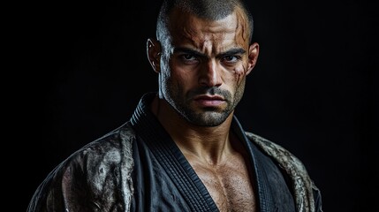 Fototapeta premium Dynamic Poster of a Determined Martial Artist in Tattered Gi: Emphasizing Strength and Focus Against a Black Background - Perfect for Sports Interiors and Motivational Spaces