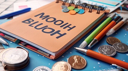 The image shows a notebook with the word "budget" written on the cover. There are also some coins and pens on the table.