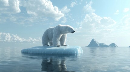 A polar bear surveys its surroundings while resting on an ice floe in a tranquil Arctic setting