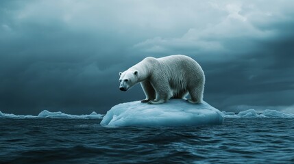 Naklejka premium A solitary polar bear rests on an iceberg amid dark skies and icy waters