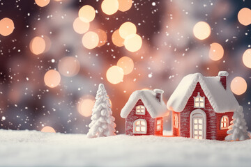 Cozy winter village scene with glowing houses surrounded by snowy trees and warm lights. Holiday magic and warmth.