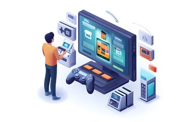 Isometric of a Futuristic Gaming Setup with Various Digital Devices and Technologies