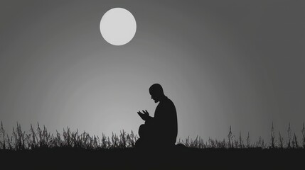 A Muslim man in prayer, captured in silhouette, evoking spirituality and faith through a minimalist illustration, highlighting peaceful devotion in a serene pose.