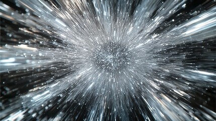Obraz premium A burst of quantum particles in a silver gradient: High-speed motion blur with intense white light and sparkling particles.