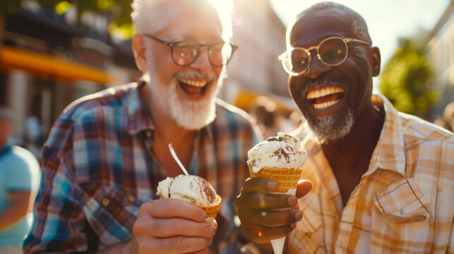 Two happy interracial men are smiling and holding waffle cones with vanilla ice cream in their hands. An old gay couple with glasses is enjoying their time together
