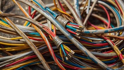 Close-up of exposed cable, E-waste, Electronics recycling.