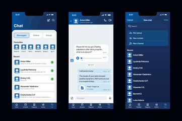 Chat screens in a mobile app, chat list, and detailed conversation page.eps
