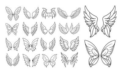 Set of different types of Wings black and white illustration