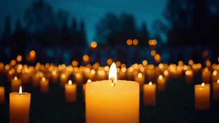 A candle is lit in a field of candles - Powered by Adobe