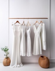 white trendy closet, bright Fashion clothes on white wall background. Many white dresses hanging on the rail ready for shopping
