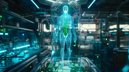 Ethereal holographic projection of a human body rendered in shimmering blue and green light suspended in a futuristic research lab filled with sleek metallic surfaces and cutting edge devices