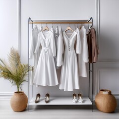 white trendy closet, bright Fashion clothes on white wall background. Many white dresses hanging on the rail ready for shopping
