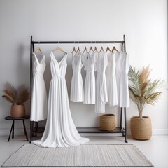 Fototapeta premium white trendy closet, bright Fashion clothes on white wall background. Many white dresses hanging on the rail ready for shopping 