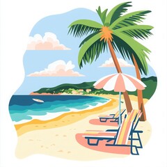 Fototapeta premium A serene beach scene with palm trees, sun loungers, and an umbrella, perfect for relaxation and summer vibes.