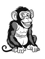 A cheerful chimpanzee outlined in simple line art, exuding joy with a playful expression, against a minimalistic background.