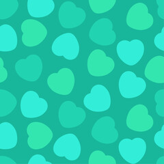 Colorful Candy Heart Pattern With Cyan, Blue and Turuoise Hearts on a Teal Background. Cheerful, Love, Valentines Day Seamless Vector Design