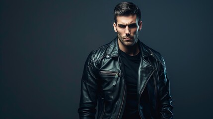 Obraz premium A man in a black leather jacket stares intensely at the camera.