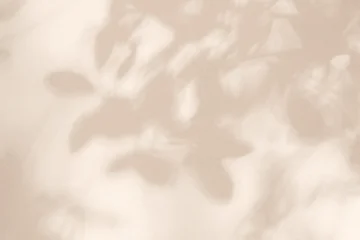 Fototapete Badezimmer Light and shadow pink beige pastel abstract background. Natural leaves shadows and sunshine diagonal refraction on white wall texture. Shadow overlay effect foliage mockup, banner graphic layout  © merrymuuu