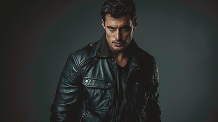 Obraz premium A man in a leather jacket stares intensely at the camera.