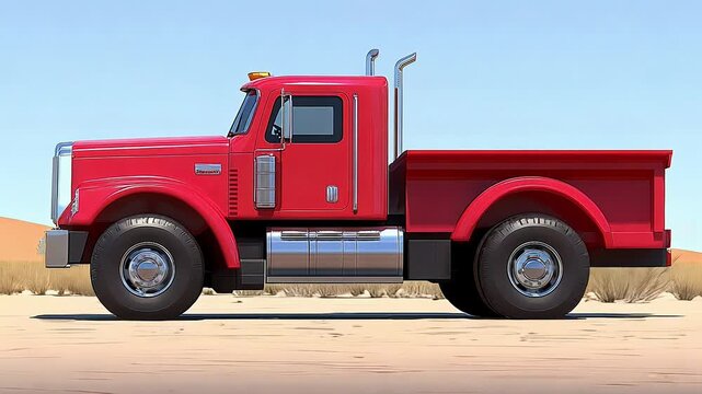 A red semi truck with a black cab and a red bed. The truck is parked on a dirt road