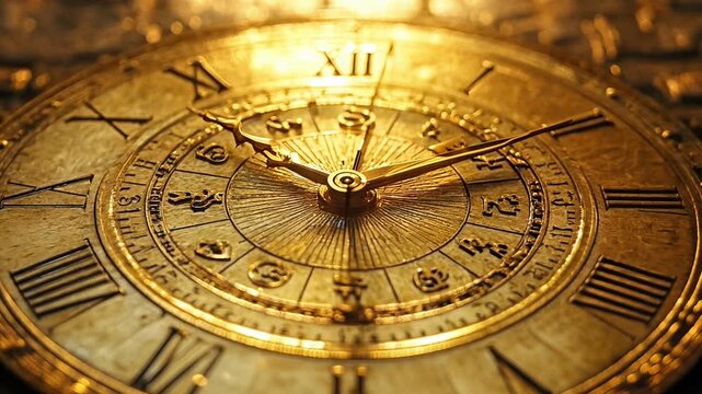 A gold clock with roman numerals showing the time of 10:30. The clock is set in a dark setting, with the numbers and roman numerals glowing in the background